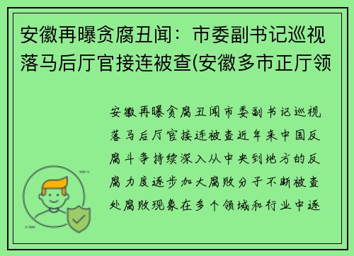 安徽再曝贪腐丑闻：市委副书记巡视落马后厅官接连被查(安徽多市正厅领导调整)