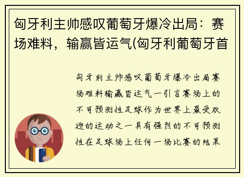 匈牙利主帅感叹葡萄牙爆冷出局：赛场难料，输赢皆运气(匈牙利葡萄牙首发阵容)