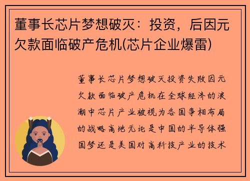 董事长芯片梦想破灭：投资，后因元欠款面临破产危机(芯片企业爆雷)
