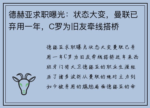 德赫亚求职曝光:状态大变,曼联已弃用一年,C罗为旧友牵线搭桥 德赫亚求职曝光:状态大变,曼联已弃用一年,C罗为旧友牵线搭桥