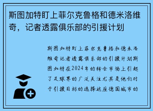 斯图加特盯上菲尔克鲁格和德米洛维奇,记者透露俱乐部的引援计划 斯图加特盯上菲尔克鲁格和德米洛维奇,记者透露俱乐部的引援计划