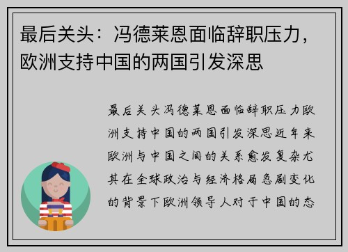 最后关头：冯德莱恩面临辞职压力，欧洲支持中国的两国引发深思