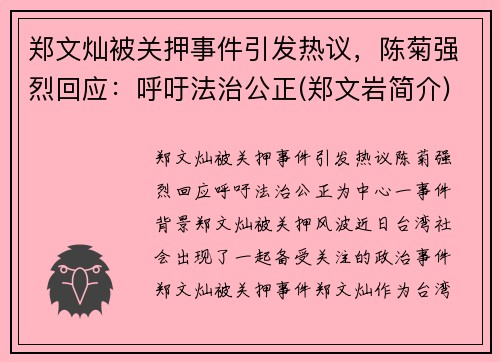 郑文灿被关押事件引发热议，陈菊强烈回应：呼吁法治公正(郑文岩简介)
