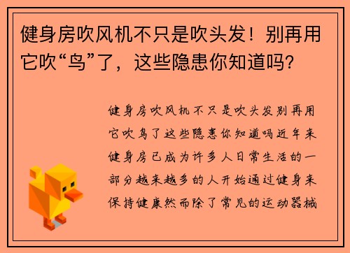 健身房吹风机不只是吹头发！别再用它吹“鸟”了，这些隐患你知道吗？